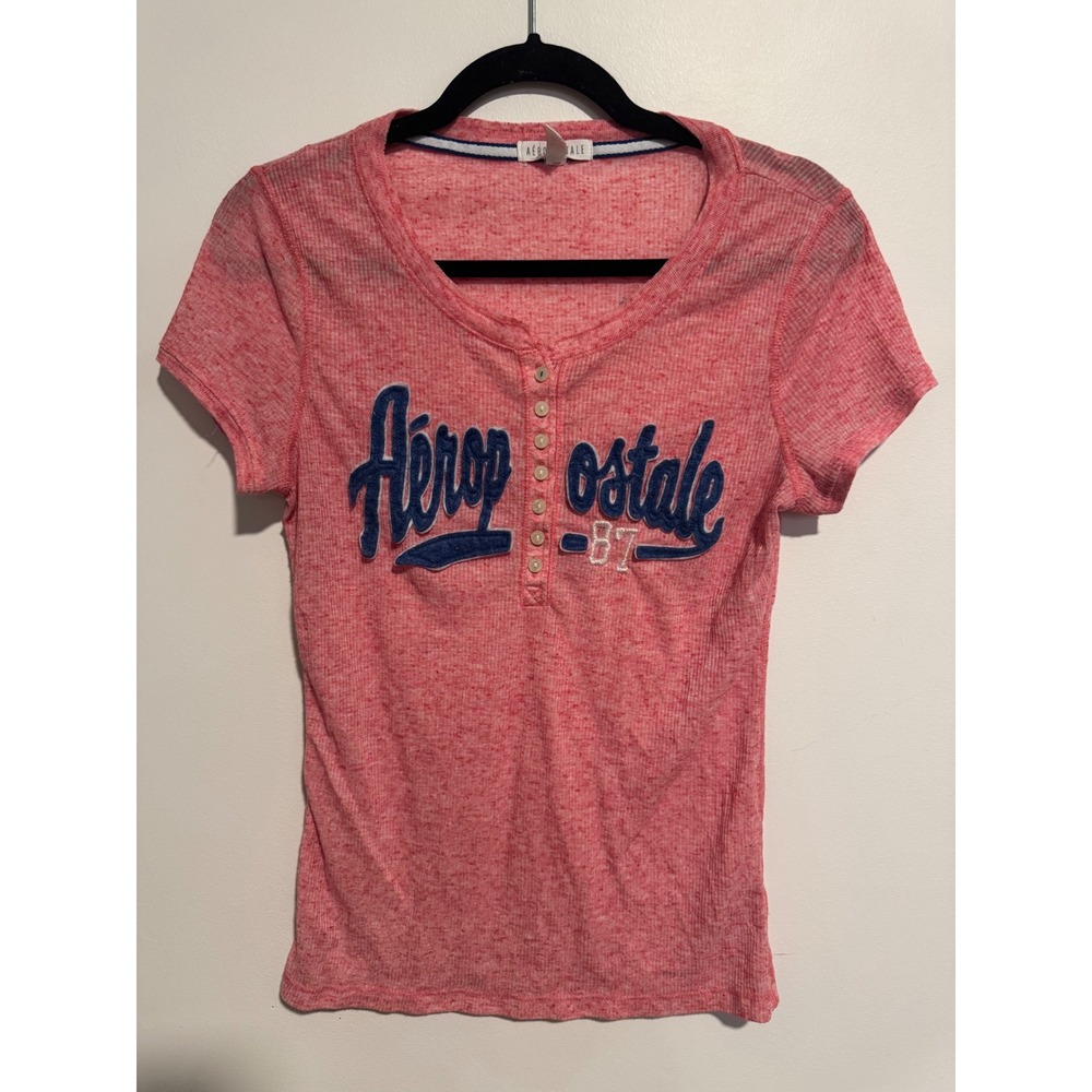 Aeropostale Vintage Pink Marl Henley Logo Graphic Tee Shirt XL Y2k Preppy‎
